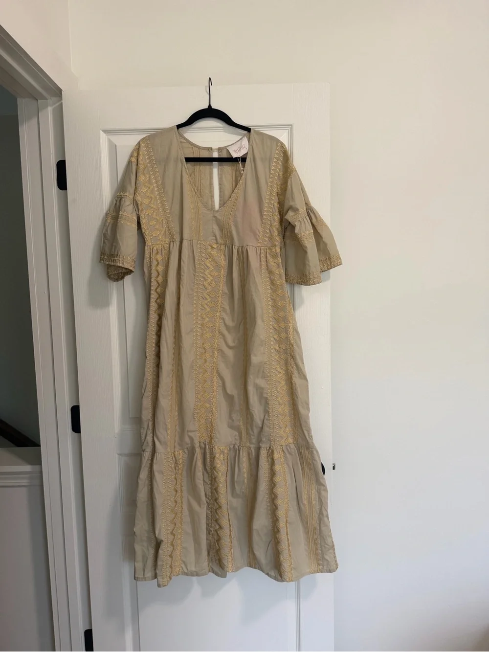 Beige Embroidered Maxi Dress with Flutter Sleeves